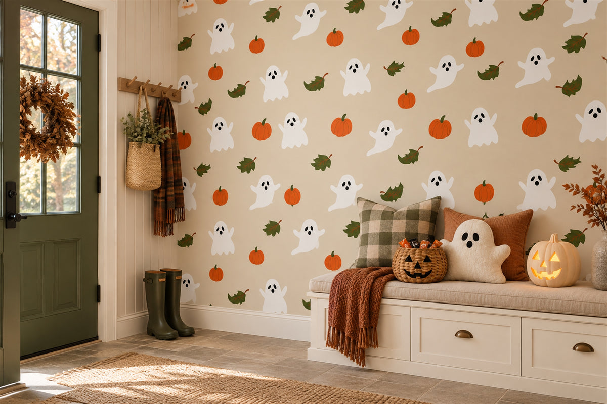 Ghosts Pumpkins and Green Leaves Halloween Wallpaper Mural - image 4