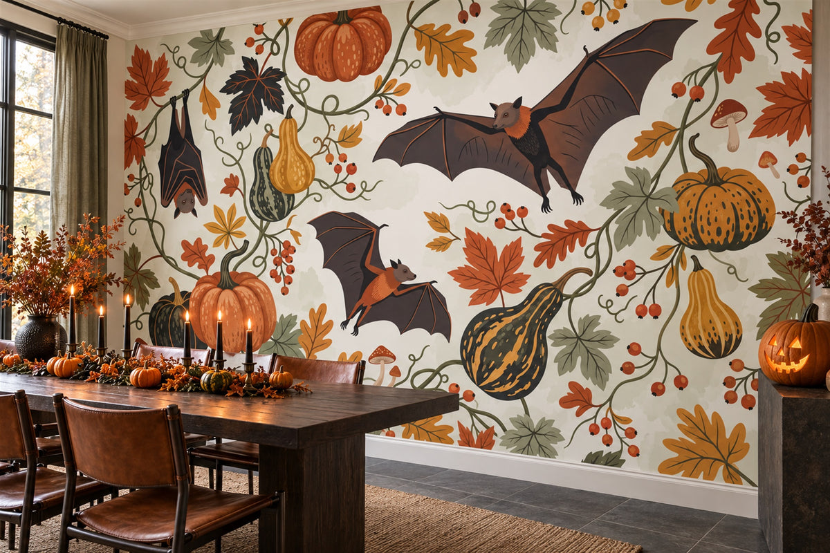 Bats Pumpkins Gourds and Autumn Leaves Halloween Wallpaper Mural - image 1