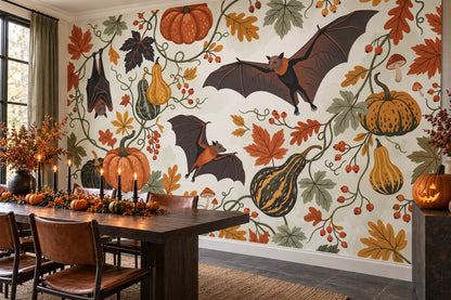 Bats Pumpkins Gourds and Autumn Leaves Halloween Wallpaper Mural - image 1