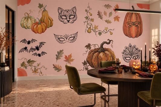 Pumpkins Masks Bats and Autumn Sprigs Halloween Wallpaper Mural - image 1