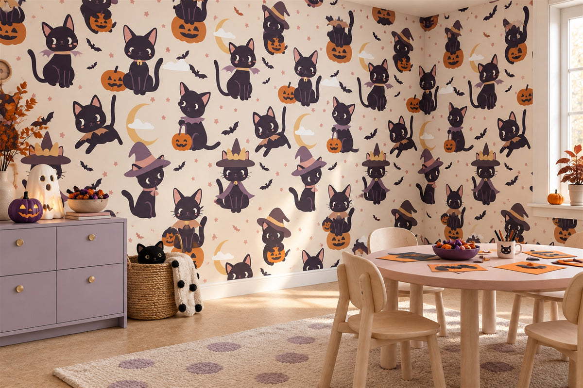 Black Cats Witches Pumpkins and Moons Halloween Wallpaper Mural room scene