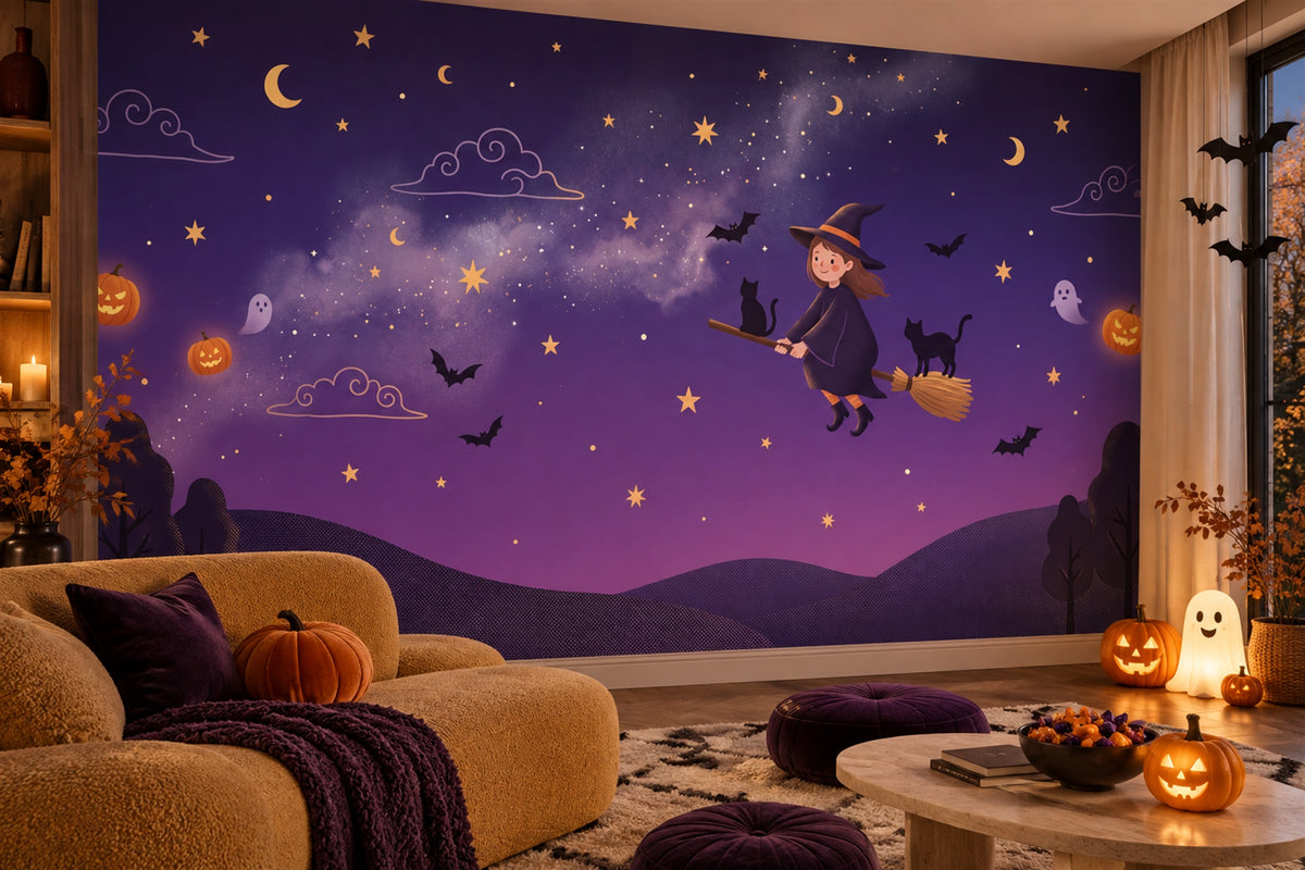 Flying Witch Cats Bats Ghosts and Purple Sky Halloween Wallpaper Mural - image 3