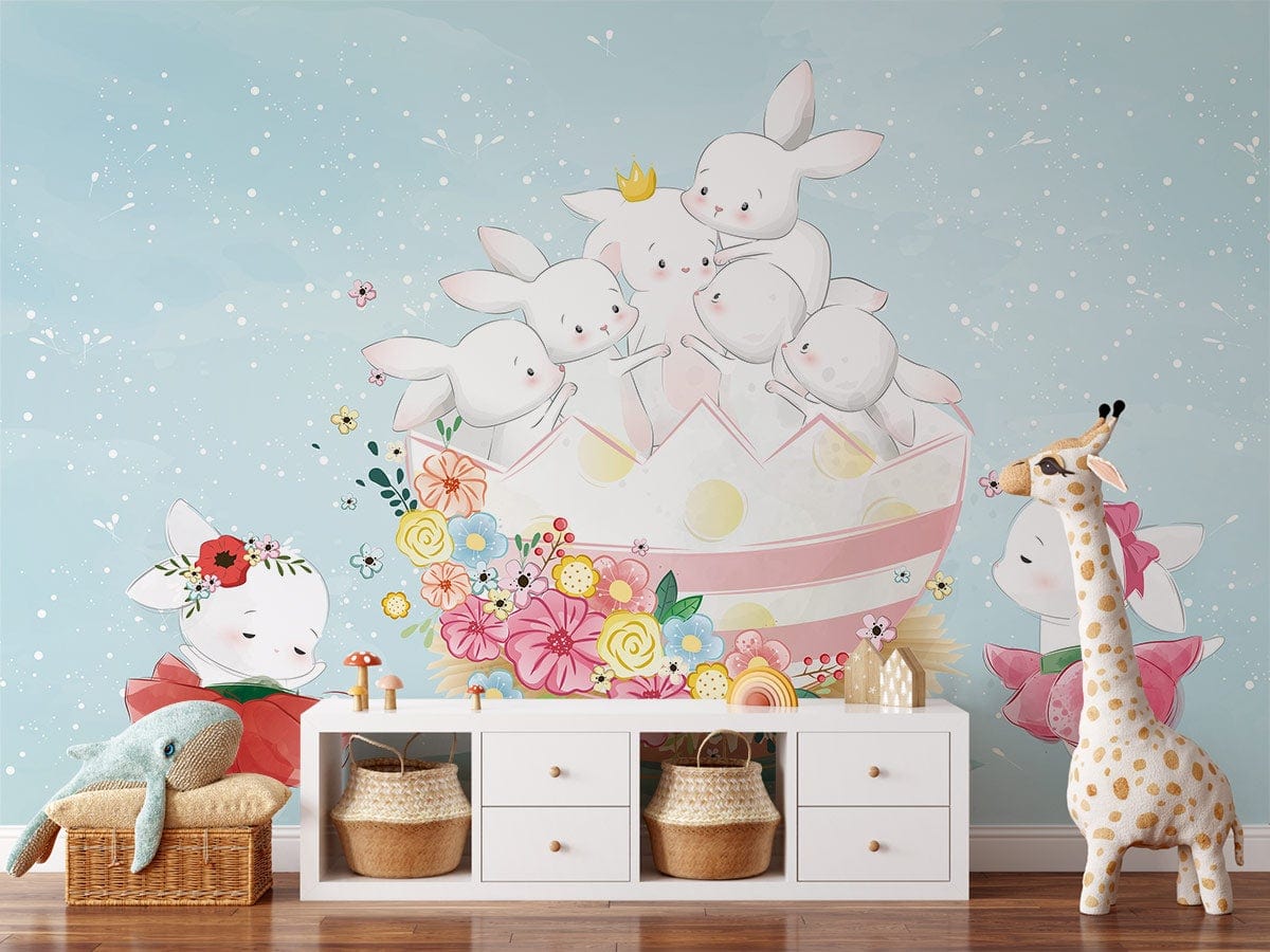 Whimsical Bunny Floral Kids Mural Wallpaper