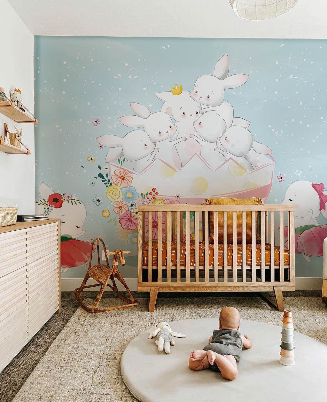 Whimsical Bunny Floral Kids Mural Wallpaper