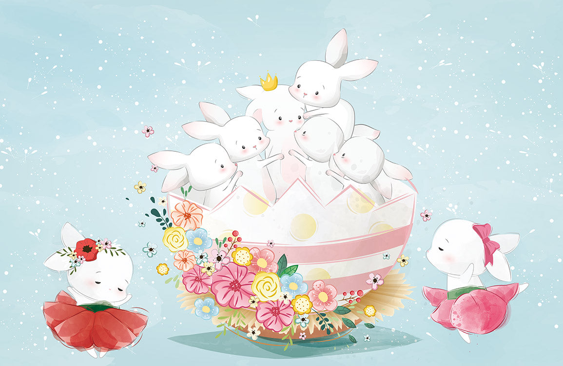 Whimsical Bunny Floral Kids Mural Wallpaper