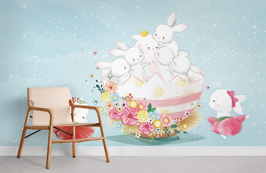 Whimsical Bunny Floral Kids Mural Wallpaper