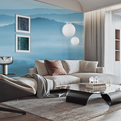 Wallpaper mural featuring hazy rolling mountains for the living room's decor.