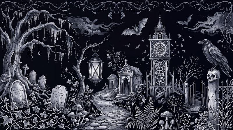 Moonlit Cemetery Ravens and Gothic Tower Halloween Wallpaper Mural - image 2