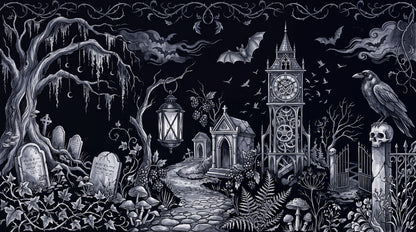 Moonlit Cemetery Ravens and Gothic Tower Halloween Wallpaper Mural - image 2