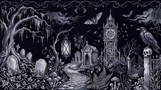 Moonlit Cemetery Ravens and Gothic Tower Halloween Wallpaper Mural - image 2