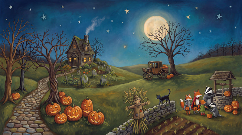 Moonlit Pumpkin Farm Witches and Cottage Halloween Wallpaper Mural