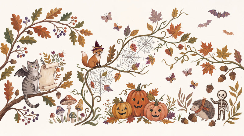 Cats Pumpkins Skeleton Owl and Autumn Vines Halloween Wallpaper Mural
