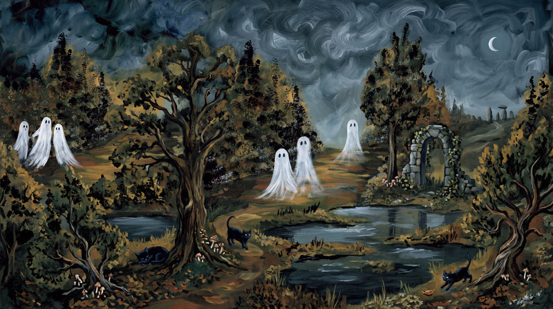 Ghosts in Dark Enchanted Forest Halloween Wallpaper Mural