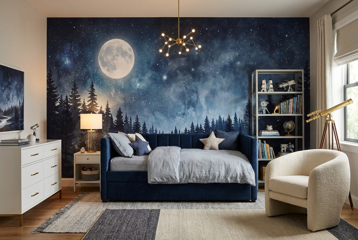 Moonlit Snowy Pine Forest Wallpaper Mural interior scene