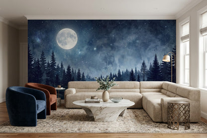 Moonlit Snowy Pine Forest Wallpaper Mural interior scene