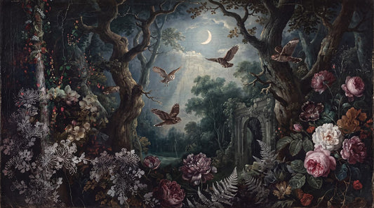 Enchanted Owl Moonlit Forest Wallpaper Mural pattern artwork