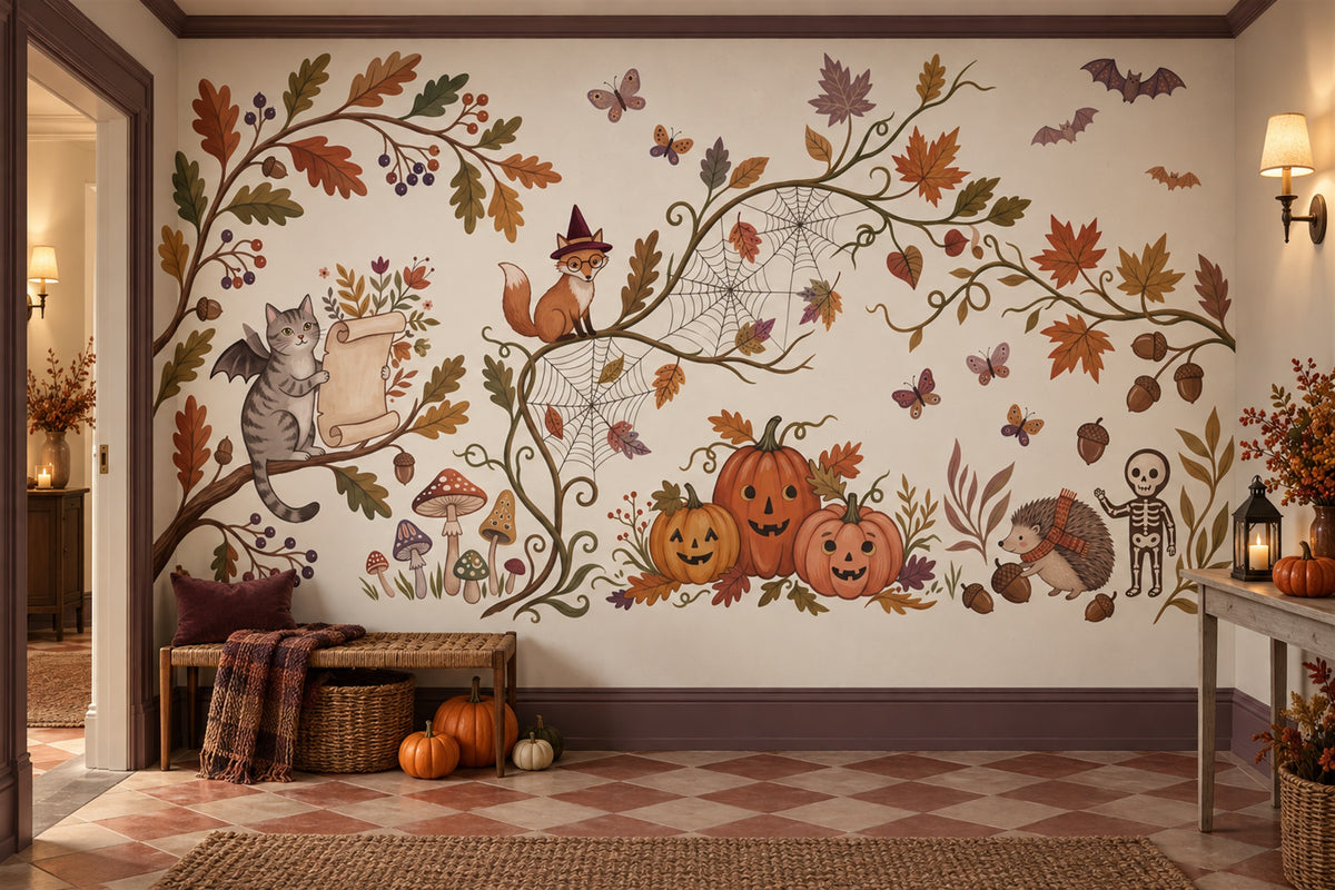 Cats Pumpkins Skeleton Owl and Autumn Vines Halloween Wallpaper Mural - image 4