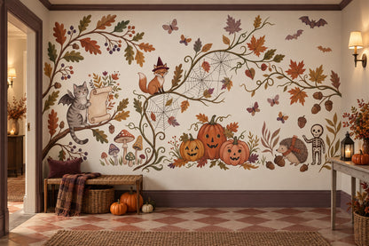 Cats Pumpkins Skeleton Owl and Autumn Vines Halloween Wallpaper Mural - image 4