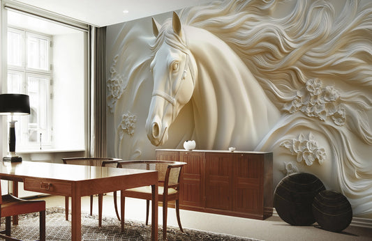 Ivory Blossom Stallion Relief Mural Wallpaper