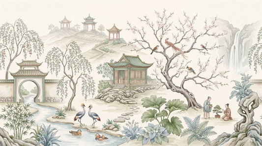 Ivory Cranes and Pavilion Chinoiserie Wallpaper Mural - 2