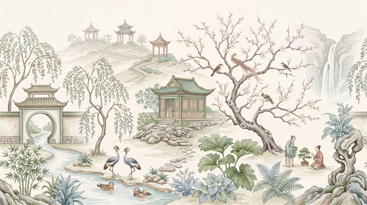 Ivory Cranes and Pavilion Chinoiserie Wallpaper Mural - 2