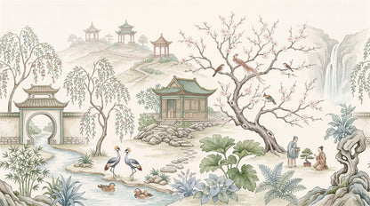 Ivory Cranes and Pavilion Chinoiserie Wallpaper Mural - 2