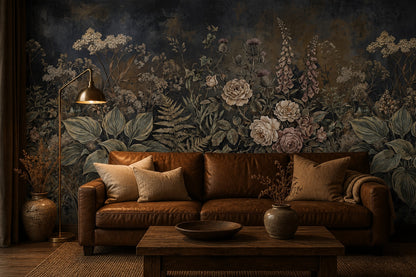 Midnight Blue Floral Garden Wallpaper Mural - 1