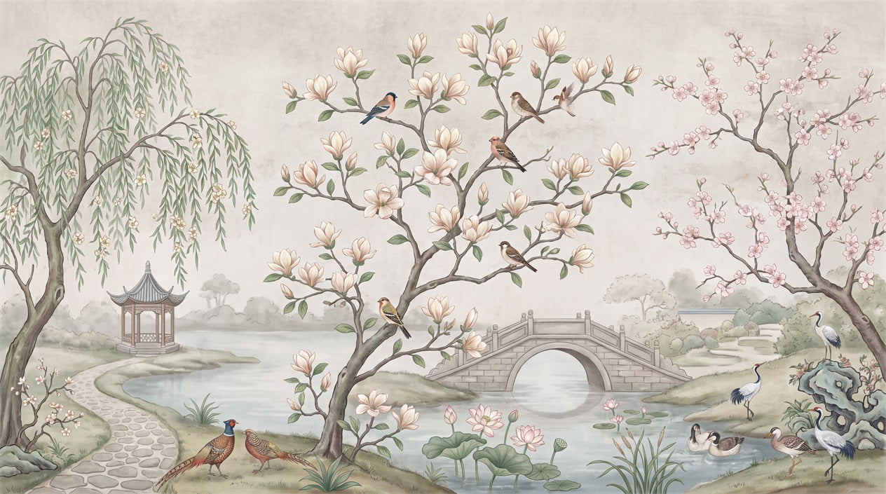 Ivory Magnolia Tree Chinoiserie Wallpaper Mural - 2