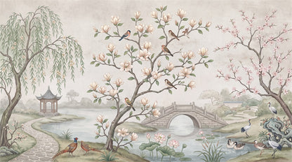 Ivory Magnolia Tree Chinoiserie Wallpaper Mural - 2