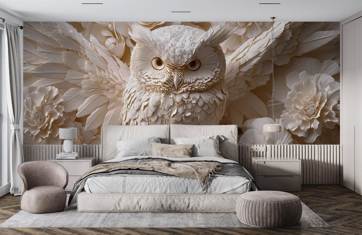 Ivory Owl Blossom Relief Mural Wallpaper