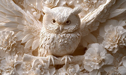 Ivory Owl Blossom Relief Mural Wallpaper