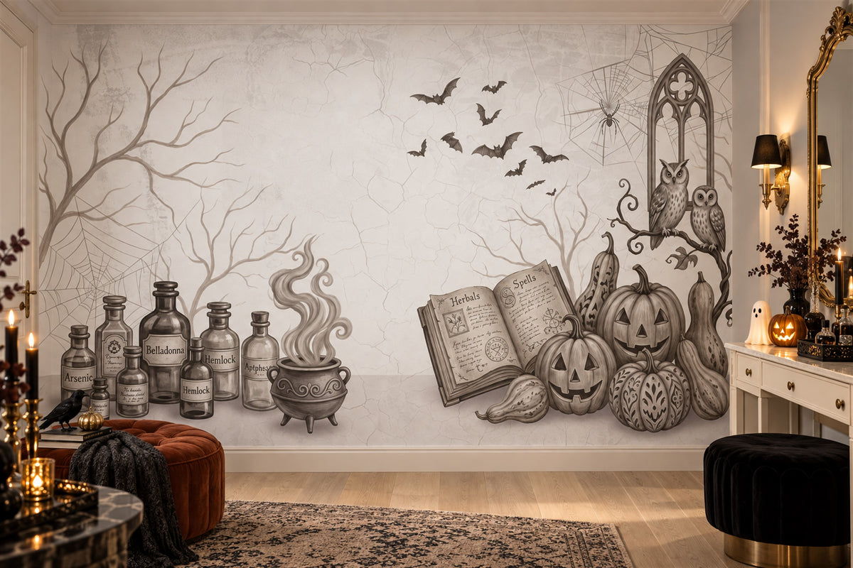 Potion Bottles Pumpkins Books Bats and Gothic Window Halloween Wallpaper Mural - image 4