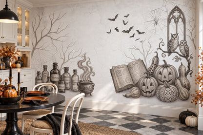 Potion Bottles Pumpkins Books Bats and Gothic Window Halloween Wallpaper Mural - image 1