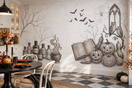 Potion Bottles Pumpkins Books Bats and Gothic Window Halloween Wallpaper Mural - image 1