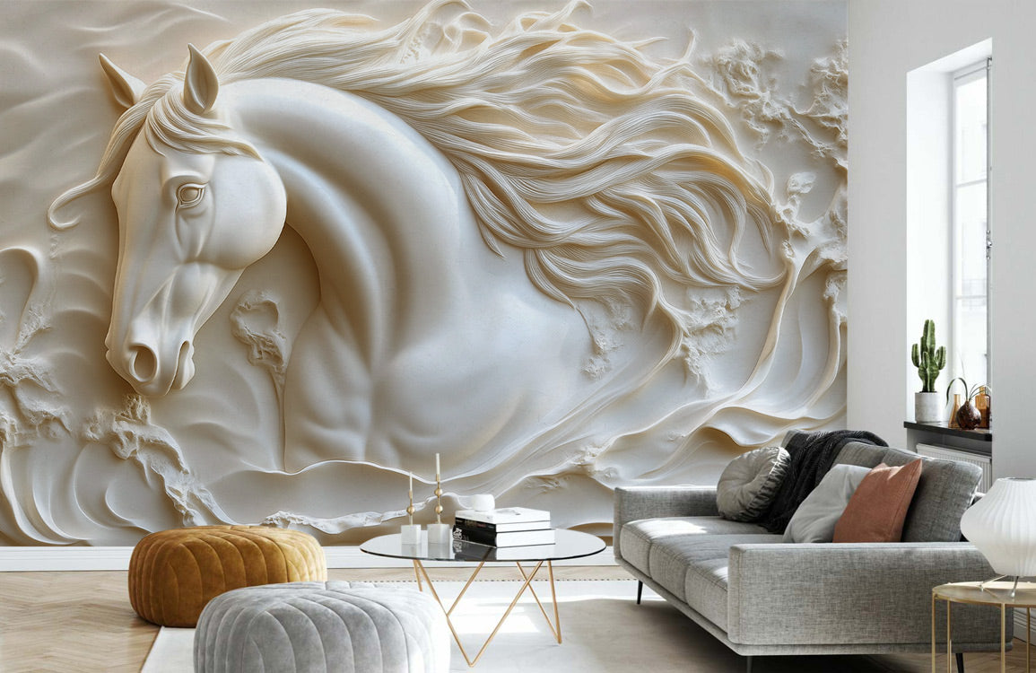 Ivory Relief Horse Mural Wallpaper