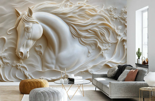 Ivory Relief Horse Mural Wallpaper