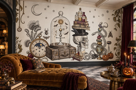 Skull Potions Clock Snake and Celestial Objects Halloween Wallpaper Mural - image 1