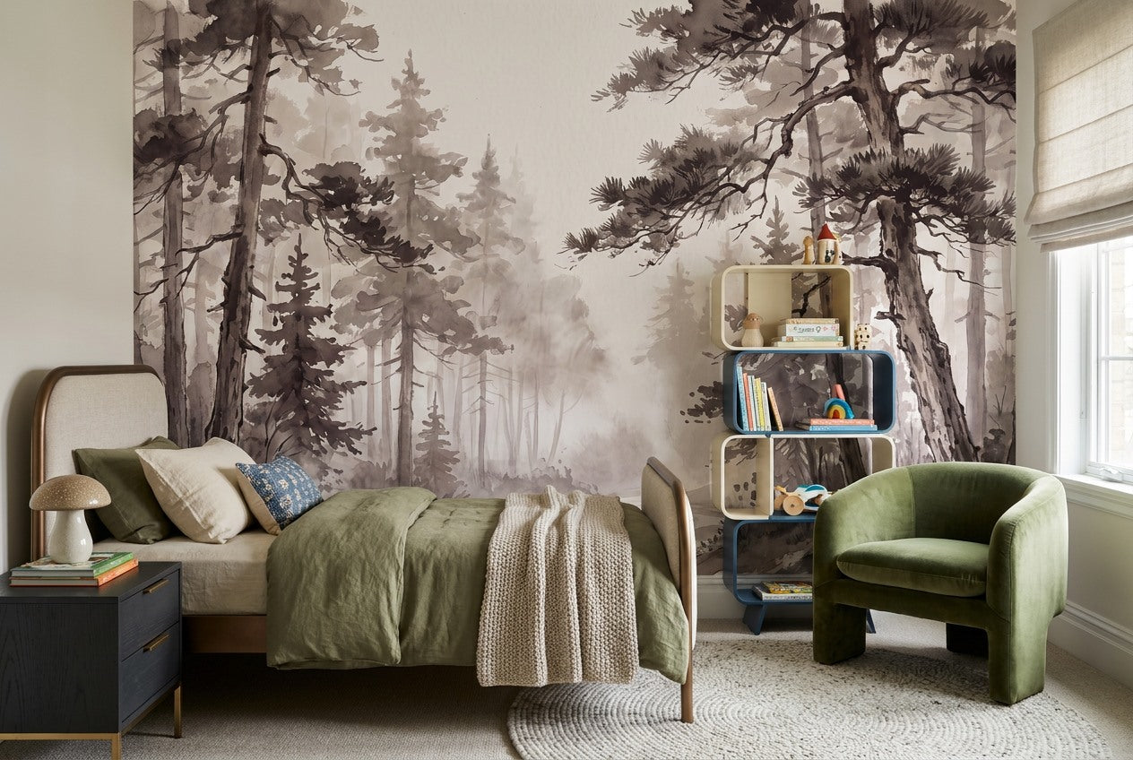 Brown Ink Pine Forest Wallpaper Mural interior setting
