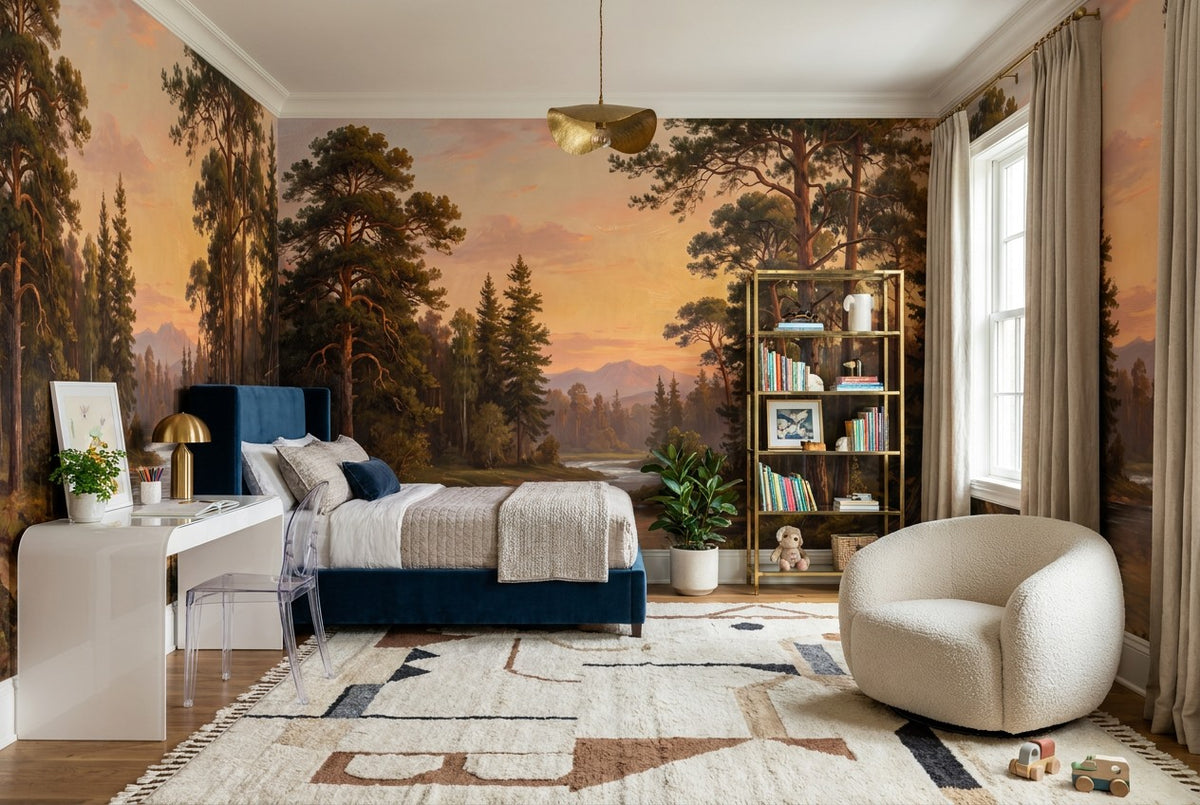 Olive Golden Pine Landscape Wallpaper Mural interior setting