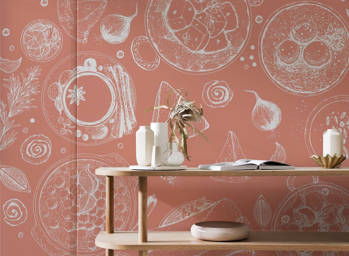 Rustic Kitchen Sketches Mural Wallpaper