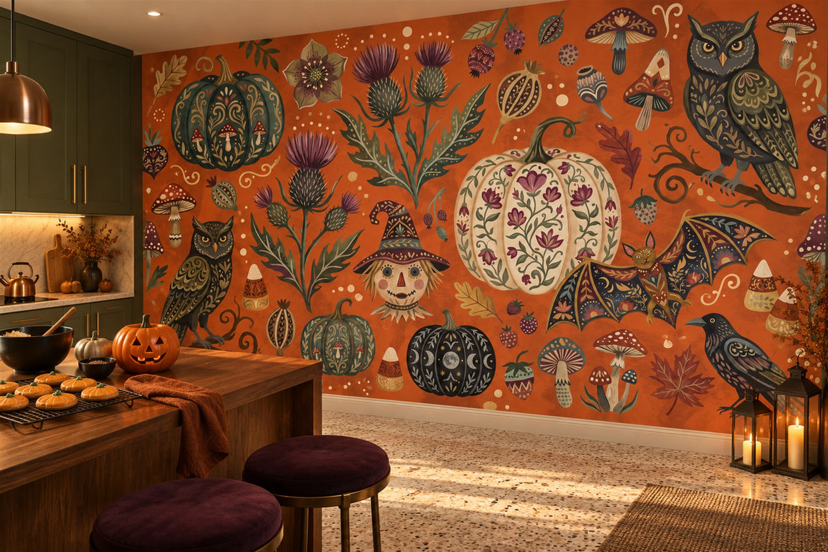 Owls Pumpkins and Mushrooms Halloween Wallpaper Mural - image 3