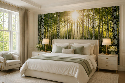 Sunlit Birch Forest Wallpaper Mural room scene