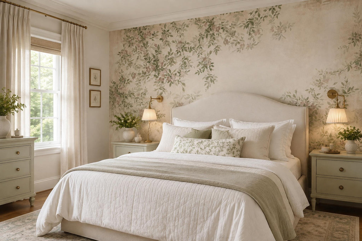 Cream Delicate Leafy Vines Wallpaper Mural room scene