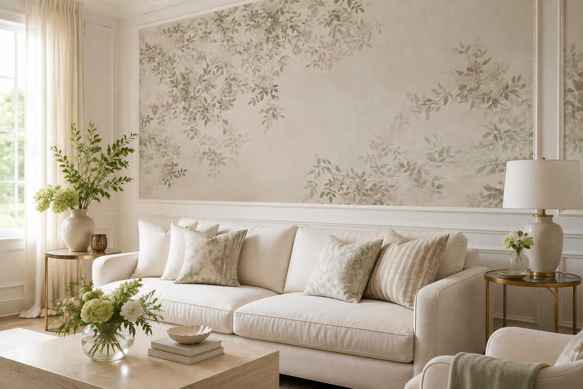 Cream Delicate Leafy Vines Wallpaper Mural interior view