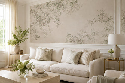 Cream Delicate Leafy Vines Wallpaper Mural interior view