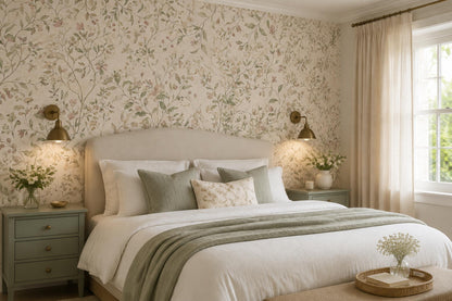 Ivory Trailing Vines and Tiny Flowers Wallpaper Mural room scene