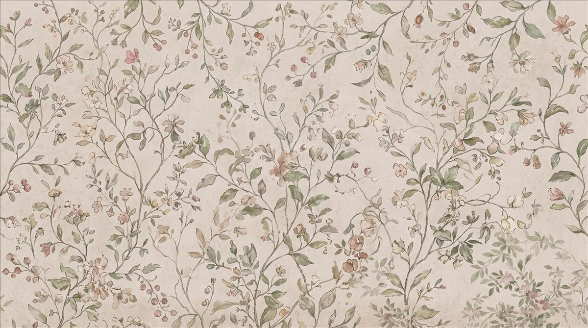 Ivory Trailing Vines and Tiny Flowers Wallpaper Mural