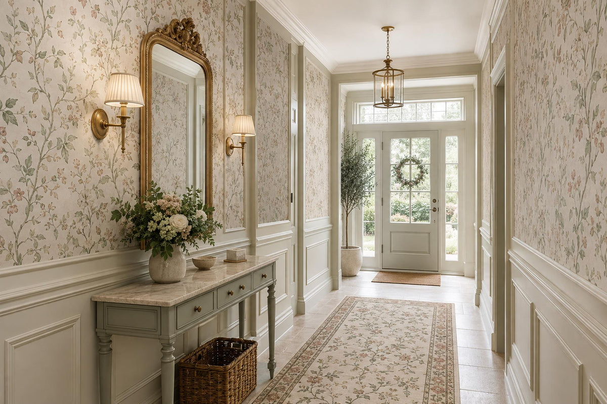 Ivory Trailing Vines and Tiny Flowers Wallpaper Mural interior view