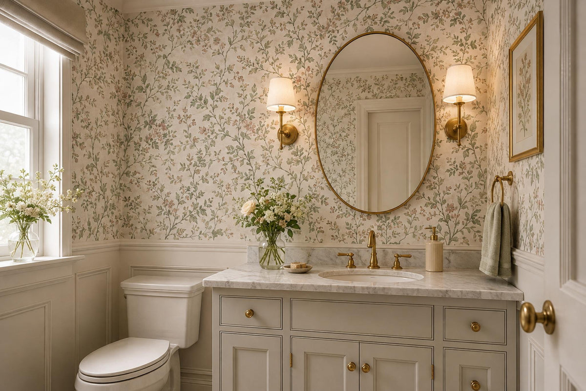 Ivory Trailing Vines and Tiny Flowers Wallpaper Mural interior view
