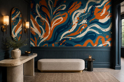 Navy Rust Flowing Abstract Wallpaper Mural interior view